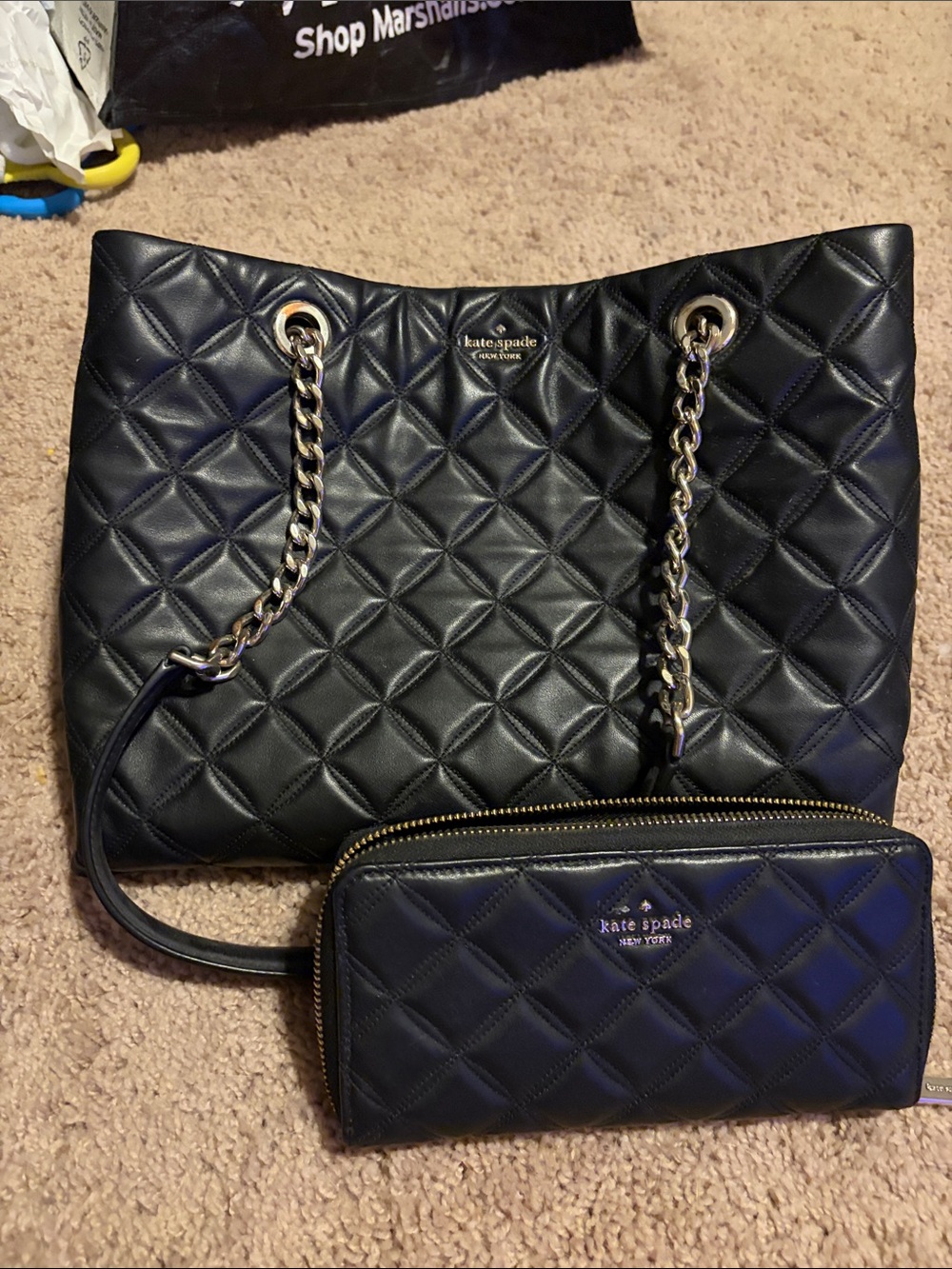 kate spade Black Quilted Leather Shoulder Tote with Matching Wallet